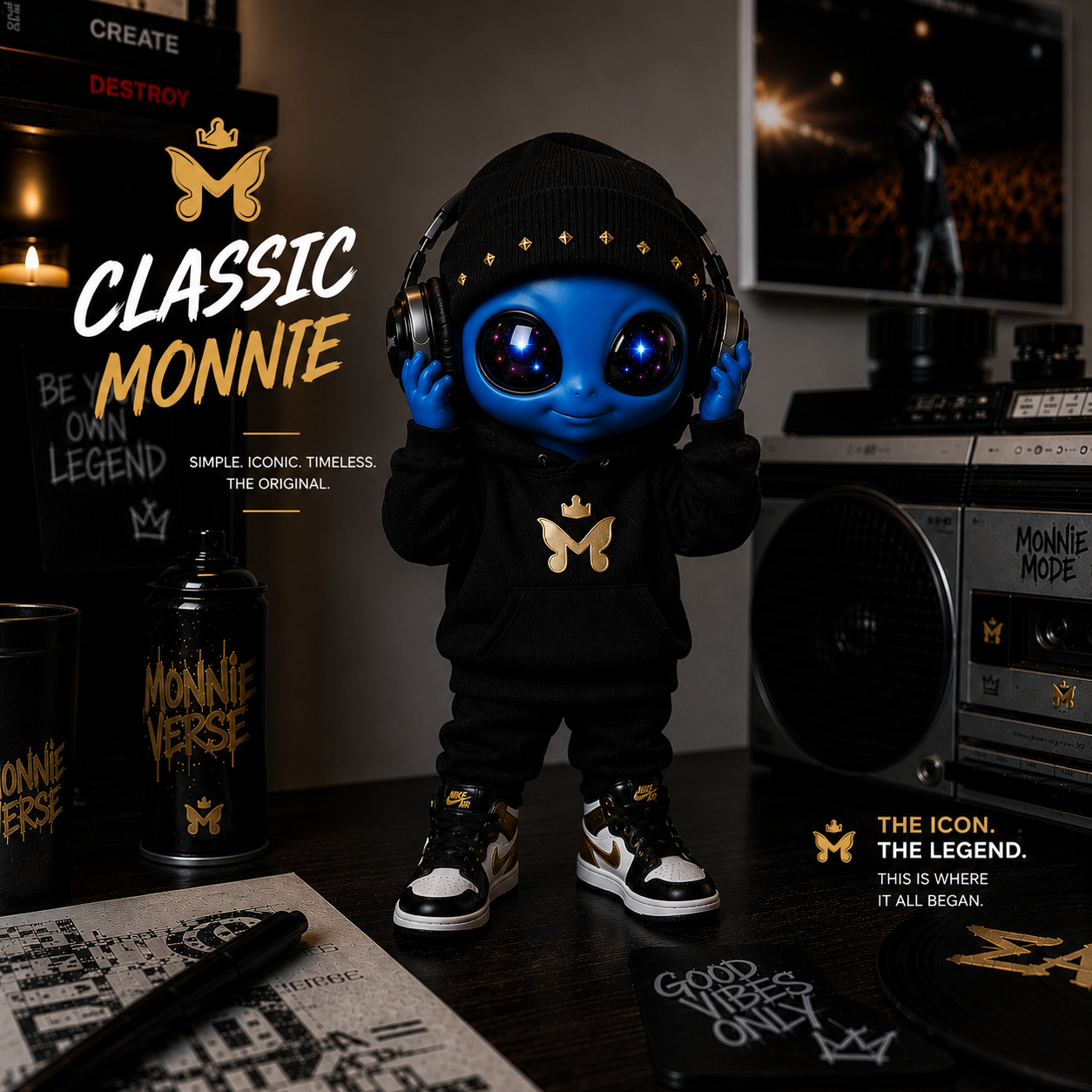 A blue doll wearing black hoodie, black beanie, and sneakers with gold accents, listening to headphones in a room with music equipment. There are cans, a printed poster, and a TV screen showing a performer, with text promoting "Monnie" and a legend theme.