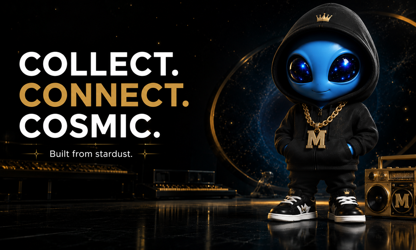 A cartoon alien with a blue face and large starry eyes wearing a black hoodie, gold chain with a large 'M' pendant, and black sneakers with white laces, standing in a cosmic-themed setting with gold accents and a gold boombox.