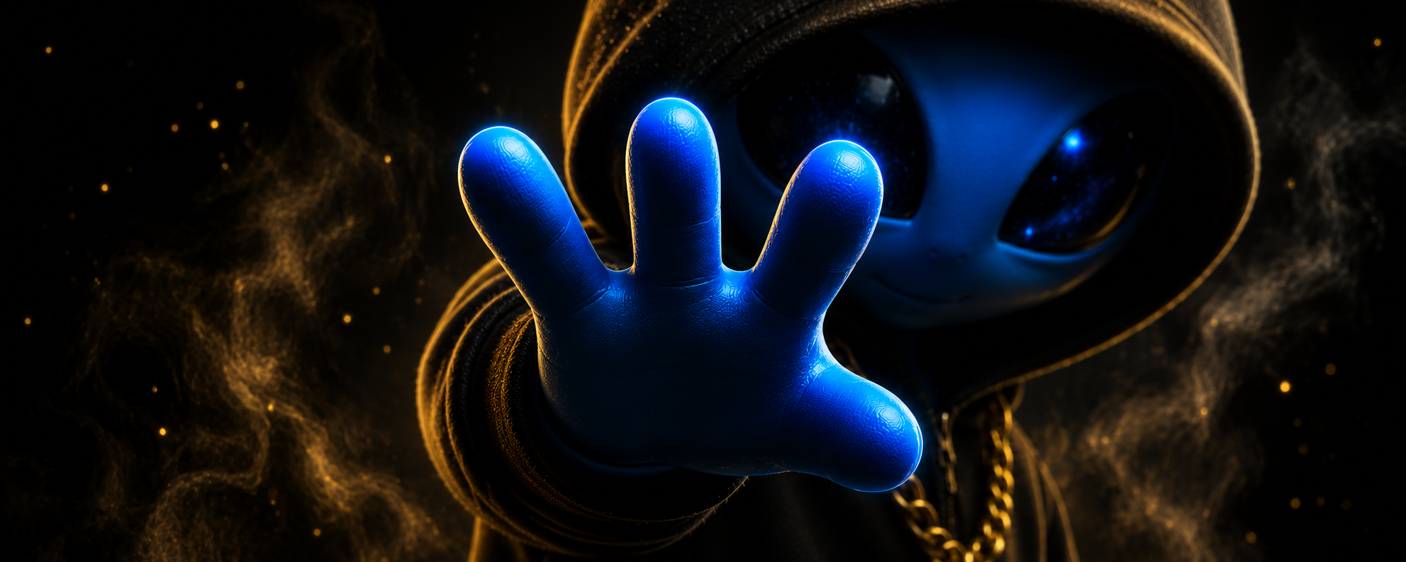 A person wearing a mask with large black eye lenses and a dark outfit, reaching out with their hand which has glowing blue fingers, against a cosmic background with glowing particles.