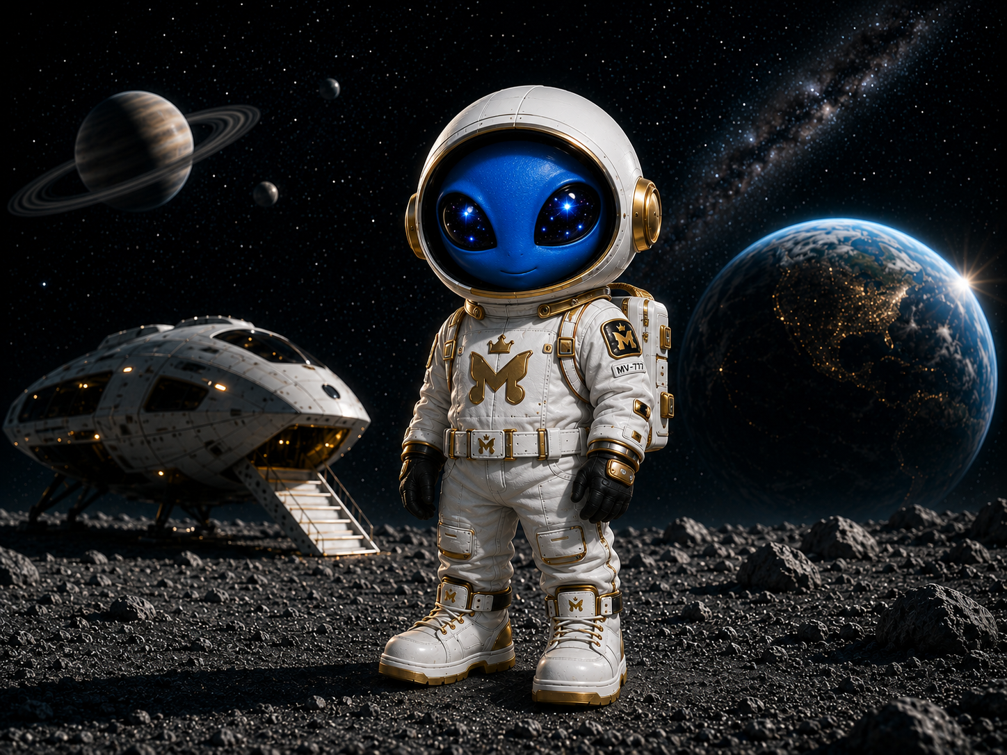 An alien in an astronaut suit standing on the moon with Earth, planets, and stars in the background.