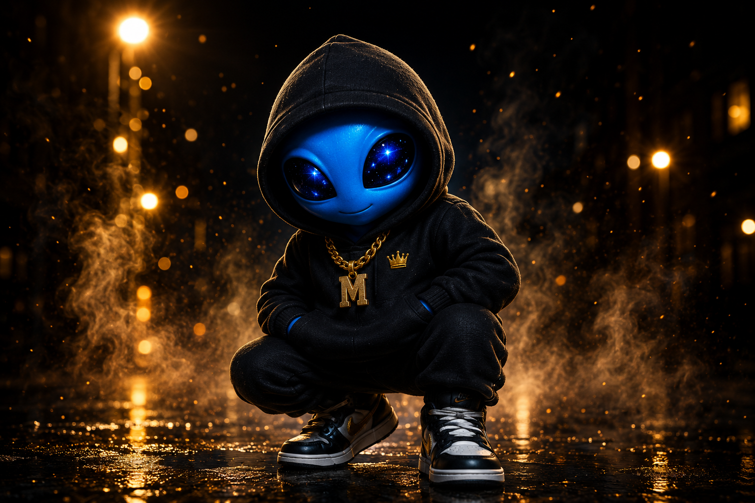 An AI-themed humanoid figure with an alien face, wearing a black hoodie and sneakers, crouching on a wet city street at night with streetlights and steam in the background.