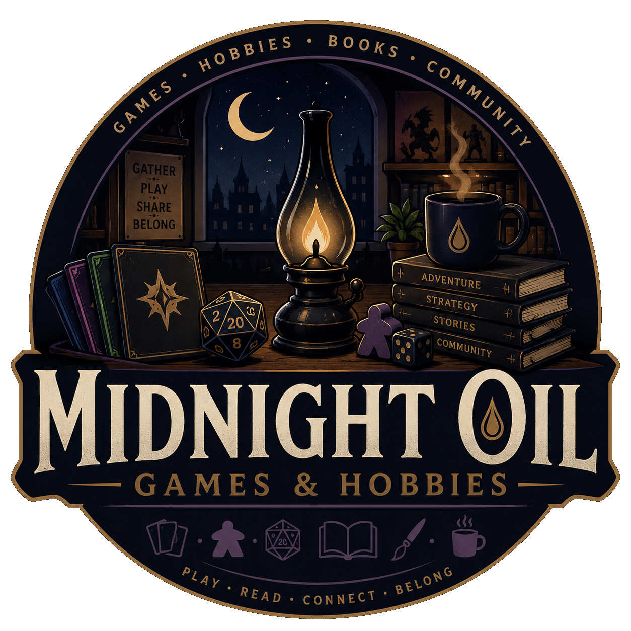 A circular emblem with the words 'Midnight Oil Games & Hobbies' featuring a cozy scene with a lantern, a steaming coffee mug, a stack of books labeled 'Adventure,' 'Strategy,' 'Stories,' and 'Community,' playing cards, a twenty-sided die, a purple game piece, and a window showing a night sky with a crescent moon and city skyline. The outer ring lists hobbies: 'Games,' 'Hobbies,' 'Books,' 'Community,' with phrases 'Gather,' 'Play,' 'Share,' 'Belong,' and 'Play,' 'Read,' 'Connect,' 'Belong' at the bottom.