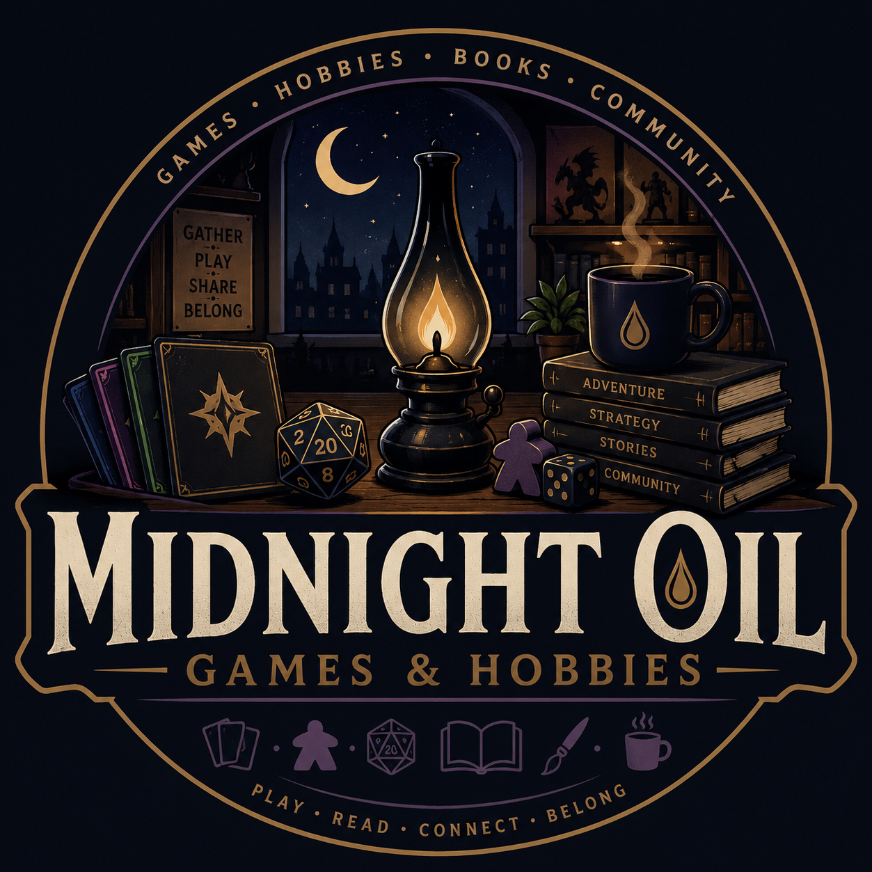 A logo for 'Midnight Oil Games & Hobbies' featuring a tabletop scene with a lantern, a steaming mug with a drop symbol, stacked books labeled 'Adventure,' 'Strategy,' 'Stories,' and 'Community,' a potted plant, a purple figurine, dice, and a deck of cards, all set against a night cityscape viewed through a window. The logo includes words like 'Games,' 'Hobbies,' 'Books,' 'Community,' and phrases such as 'Gather,' 'Play,' 'Share,' 'Belong,' and 'Play,' 'Read,' 'Connect,' 'Belong'.