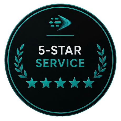 Circular badge with a logo at the top, the text '5-STAR SERVICE' in the center, and five stars at the bottom, indicating a five-star service rating.