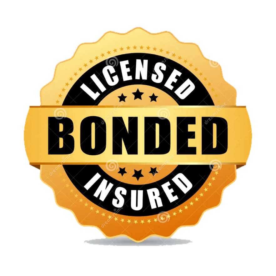Golden badge with black and white text stating 'Licensed', 'Bonded', and 'Insured', with 'Bonded' in the center on a gold banner