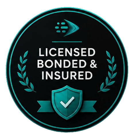 Badge with the ServiceNow logo, stating "Licensed, Bonded & Insured," featuring a shield with a checkmark and laurel branches.