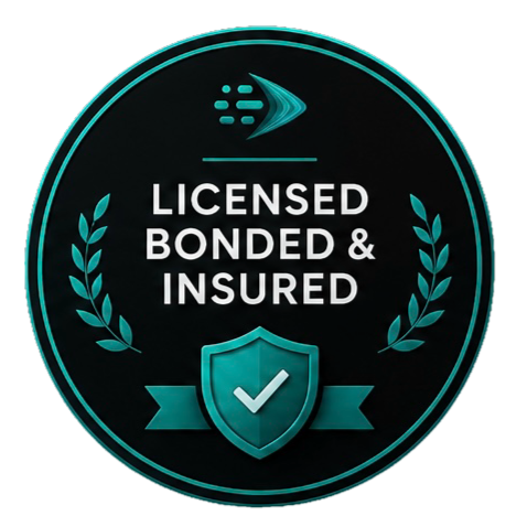 A circular badge with a dark background and teal accents that reads "Licensed Bonded & Insured" with a shield and checkmark symbols.