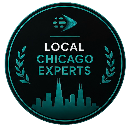 Logo for Local Chicago Experts featuring a city skyline, laurel branches, and a stylized arrow symbol.