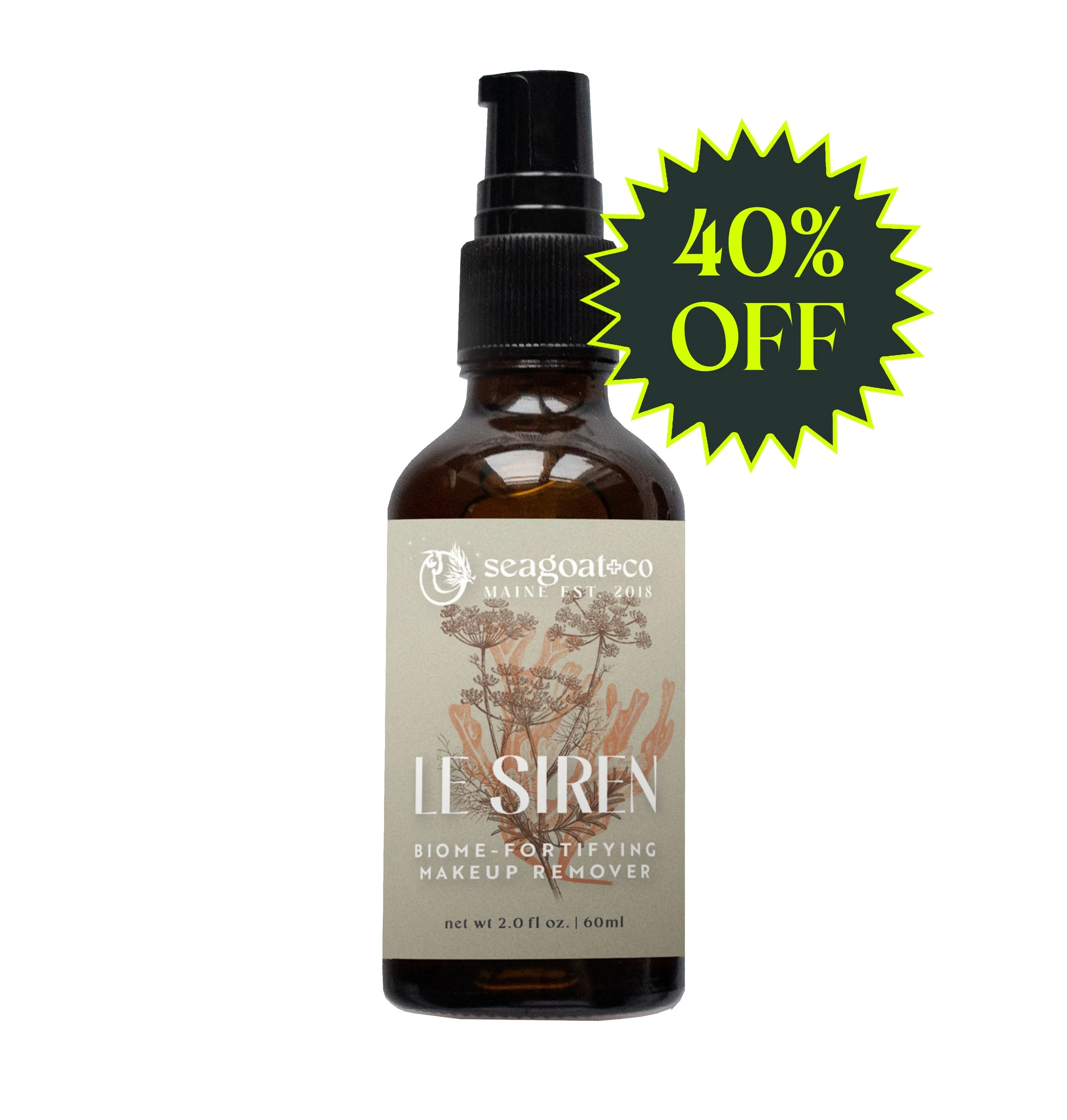 A brown bottle of Seagoat+co Le Siren makeup remover with botanical illustration on the label, featuring a black and yellow starburst sticker indicating 40% off.