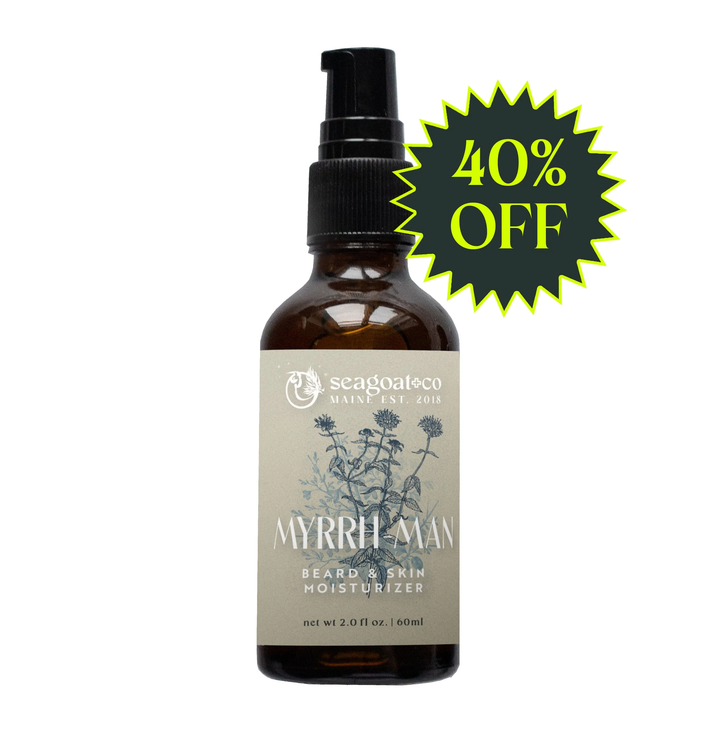 A brown glass bottle of Seagoat and Co Myrrh Man beard and skin moisturizer with a black pump dispenser and a white label featuring a botanical illustration, and a green and black starburst sticker indicating 40% off.
