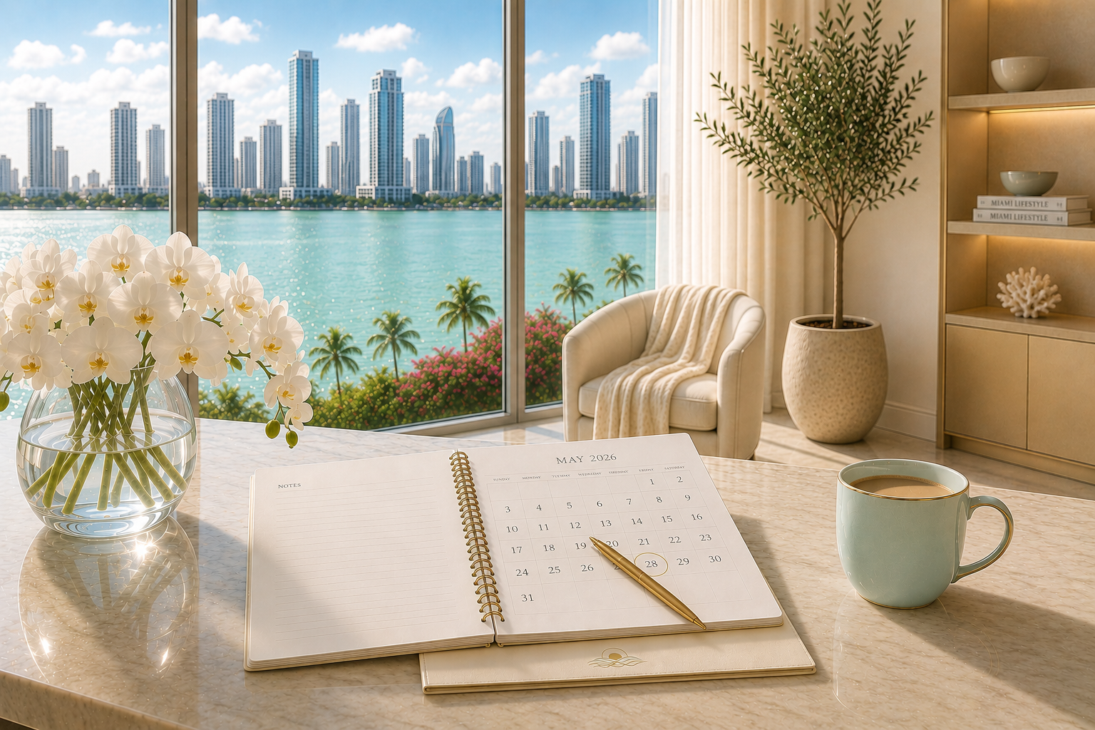Interior view of a Biscayne Bay in Miami a million view  after orthopedic surgery,  white armchair with a blanket, a bookshelf with decorative items, a calendar displaying May 2026, a cup of coffee, and a vase with white orchids on a marble table.