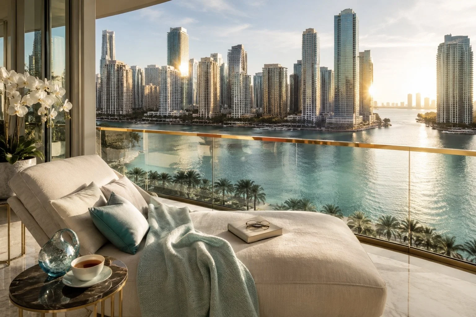 Luxurious apartment living room with a sofa, Relaxed after orthopedic surgery pillows, blanket, a cup of tea or coffee, and a small round table, overlooking a city skyline with tall buildings and Biscayne Bay during sunset.