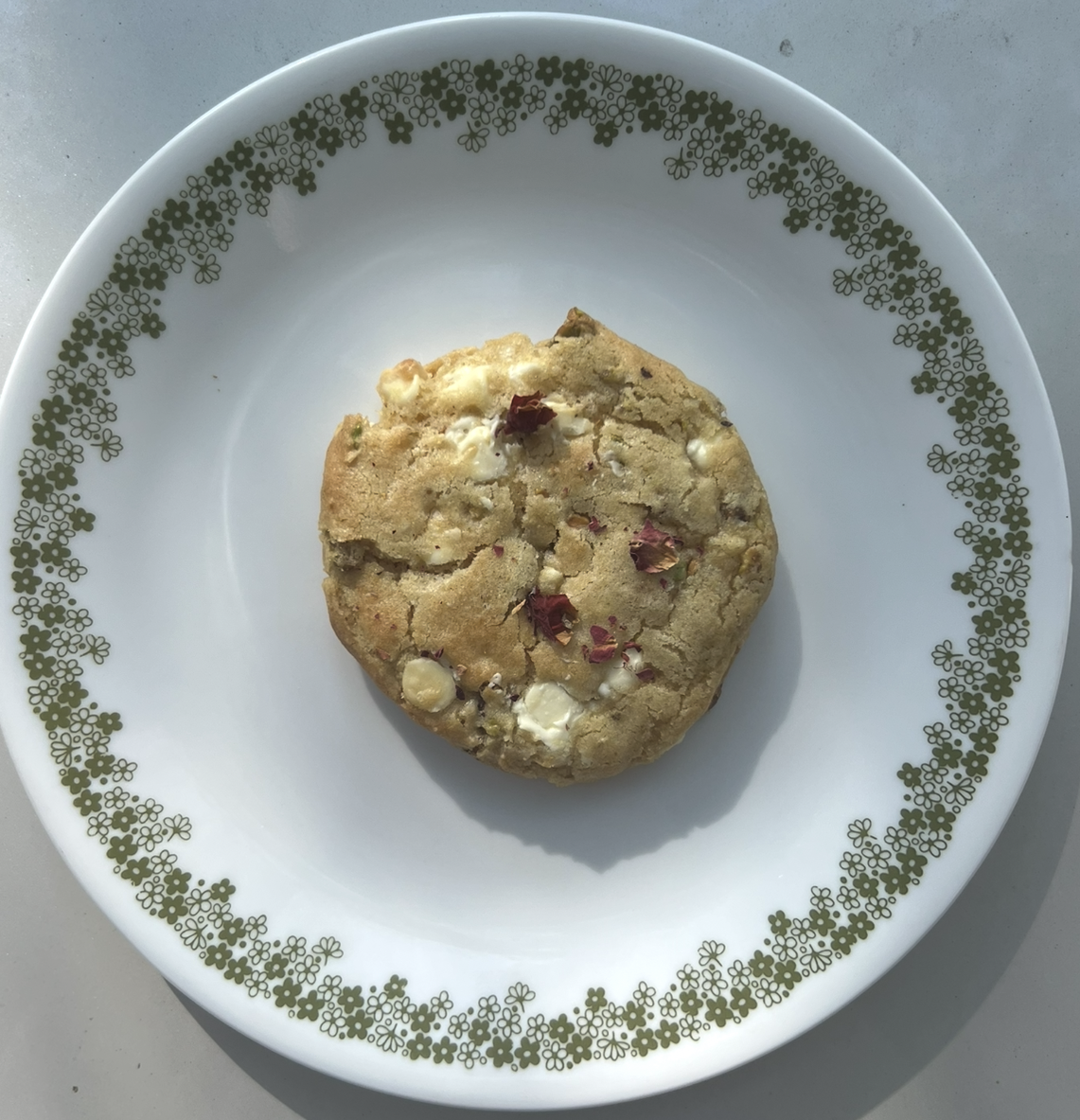 Rose, pistachio, and white chocolate cookies