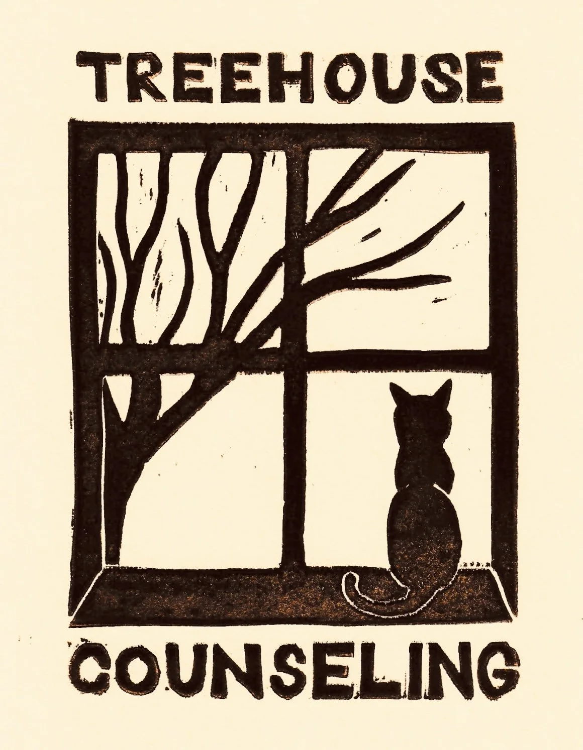 A dark brown and cream illustration of a window with a tree and a cat sitting on the windowsill, with the words 'Treehouse Counseling' above and below the window.