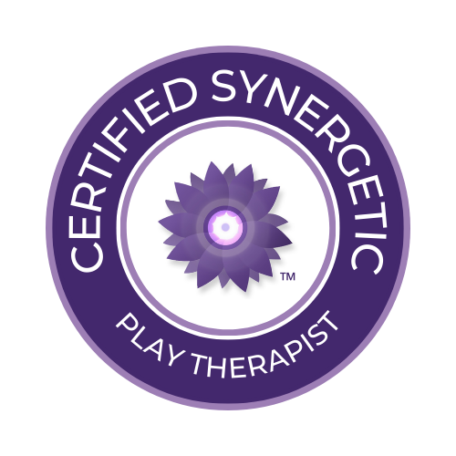 Certified Synergistic Play Therapist logo featuring a purple flower in the center.