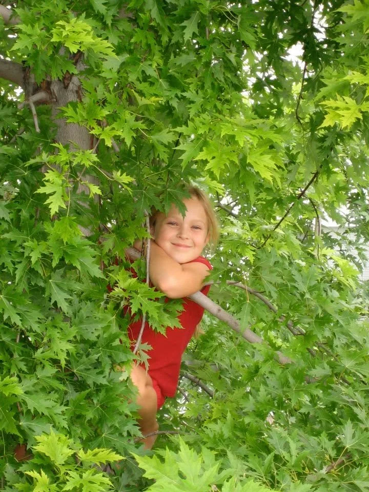 A young girl with blonde hair and a red shirt smiling while sitting in a tree surrounded by large green leaves.