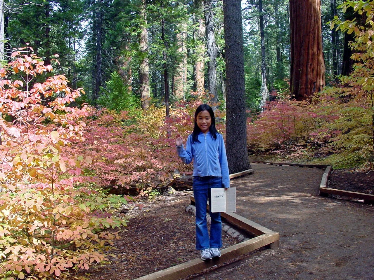 A girl standing on a forest trail surrounded by autumn-colored trees and foliage, holding a book and smiling.