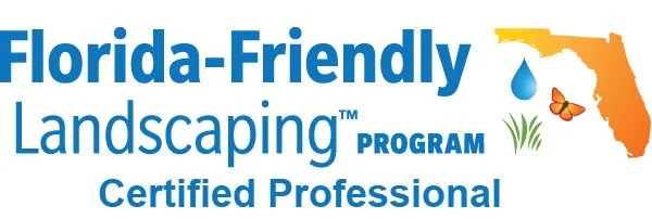 Florida-Friendly Landscaping Program Certified Professional logo with an outline of Florida, a water droplet, a butterfly, and grass illustration.