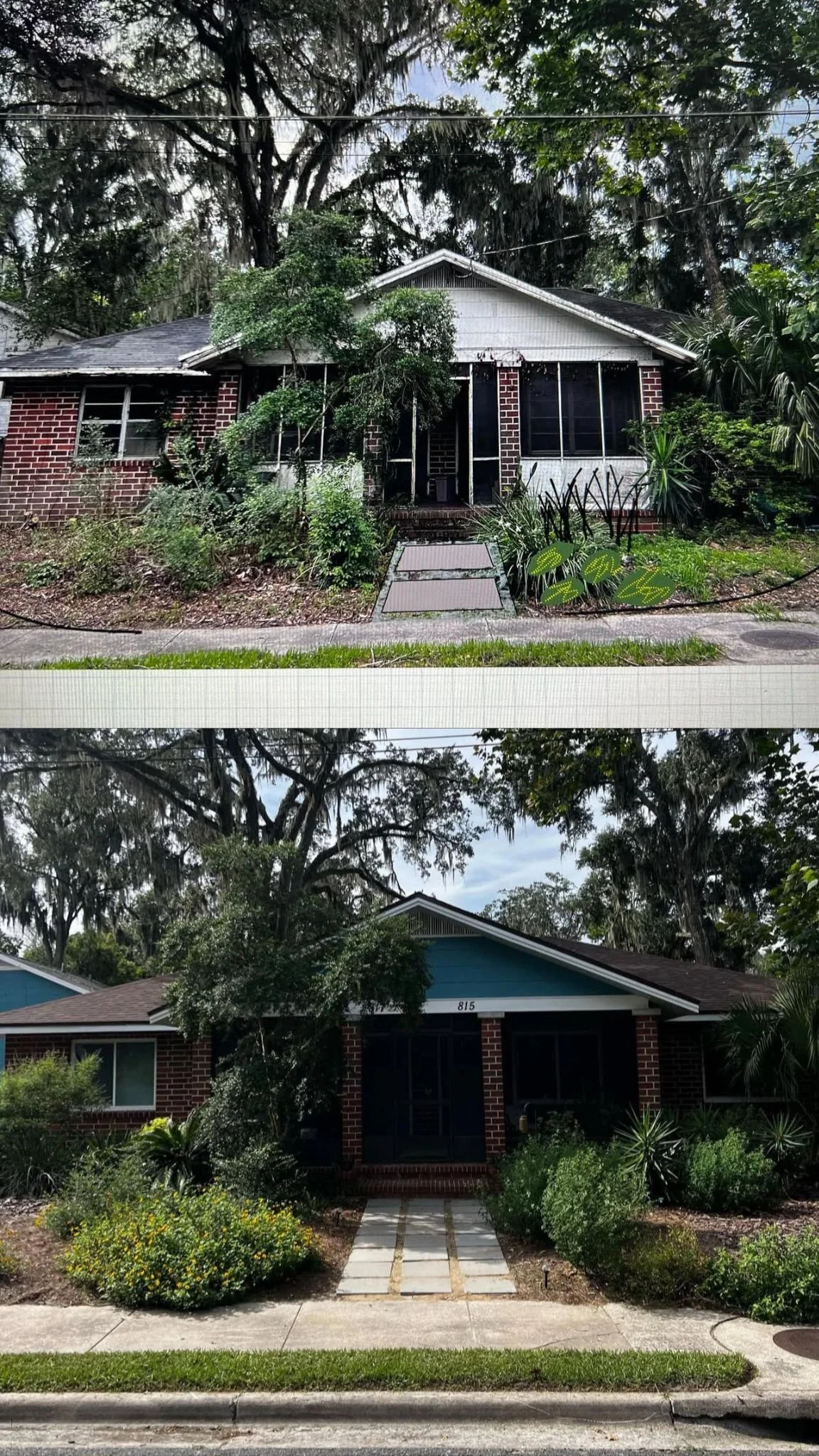Comparison of two houses, top house with overgrown plants and damaged screens, bottom house with a well-maintained yard and house number '815' on the front