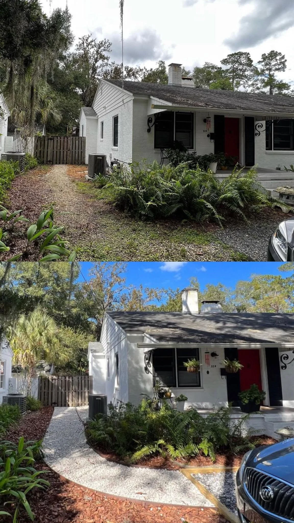 Before and after outdoor landscaping of a house. In the before image, the yard has an unkempt pathway with weeds and overgrown plants. In the after image, the pathway is replaced with white gravel, and the garden has been landscaped with new plants, mulch, and decorative borders, creating a neat and modern appearance.