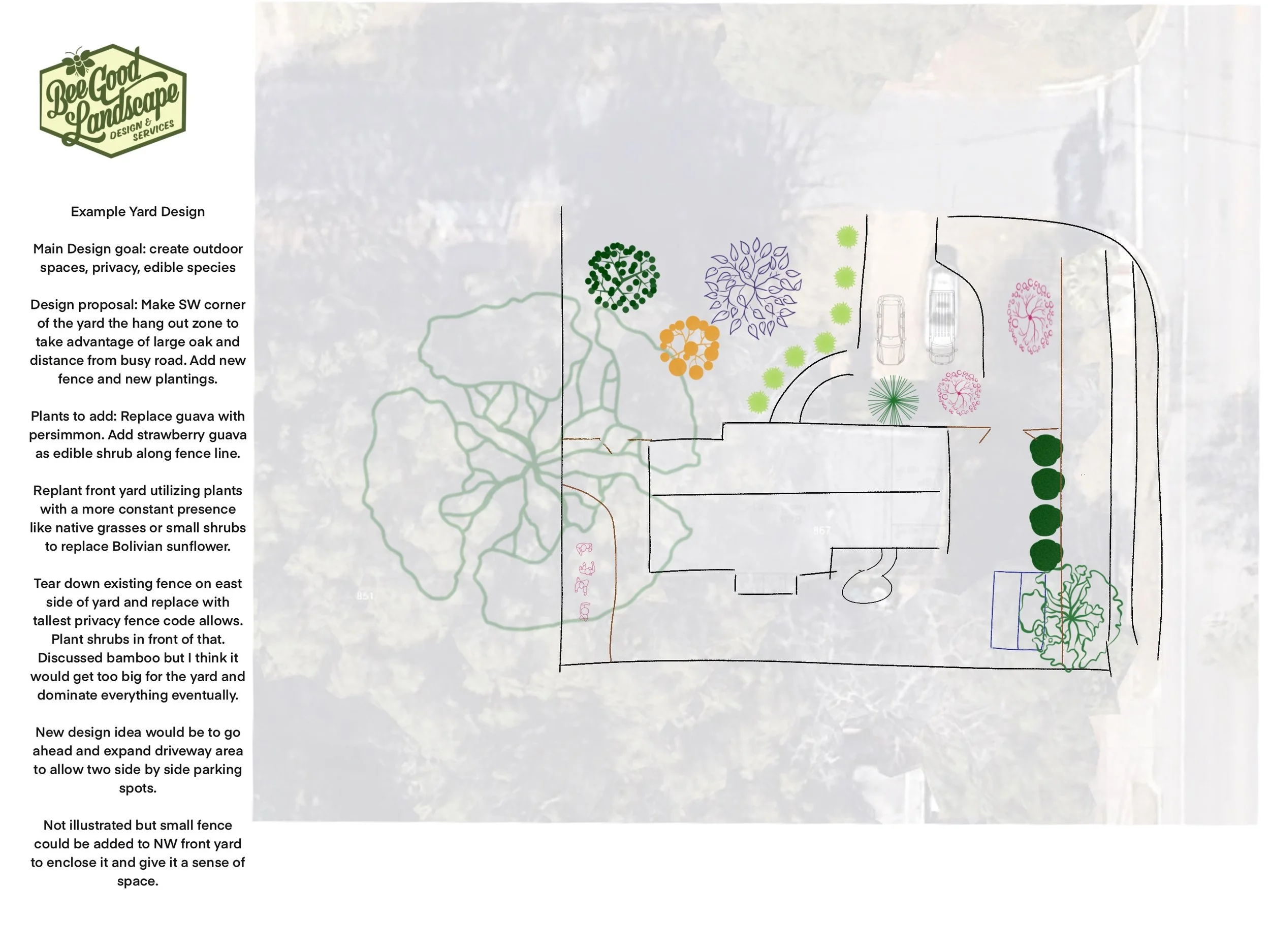 A landscape design plan for a yard showing various plantings and garden features, with notes on design goals and specific plant choices, emphasizing outdoor space creation, privacy, and edible species.
