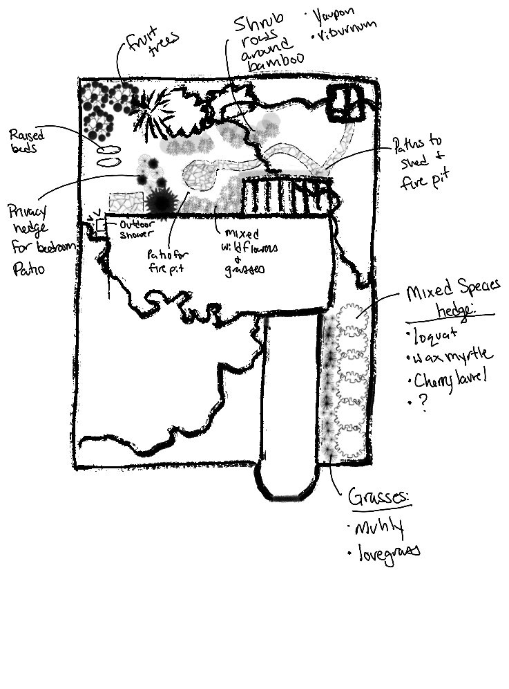 Sketch of a garden layout with various sections labeled, including fruit trees, shrub rose around bamboo, raised beds, privacy hedge for bedroom patio, outdoor shower, patch for firepit, mixed wildflowers and grasses, and a mixed species hedge with plants like loquat, wax myrtle, and a cherry Laurel.
