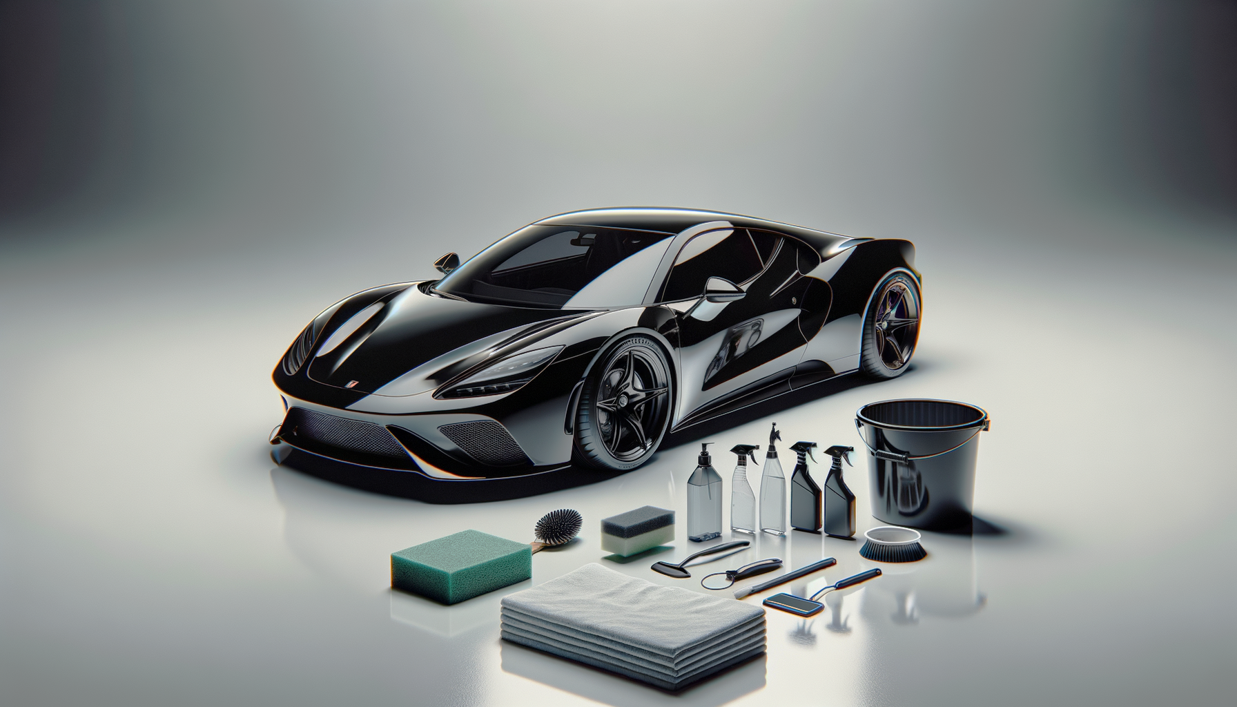 A black sports car with a shiny reflective surface, surrounded by car cleaning supplies including spray bottles, sponges, brushes, a bucket, towels, and cleaning tools, set against a neutral background.