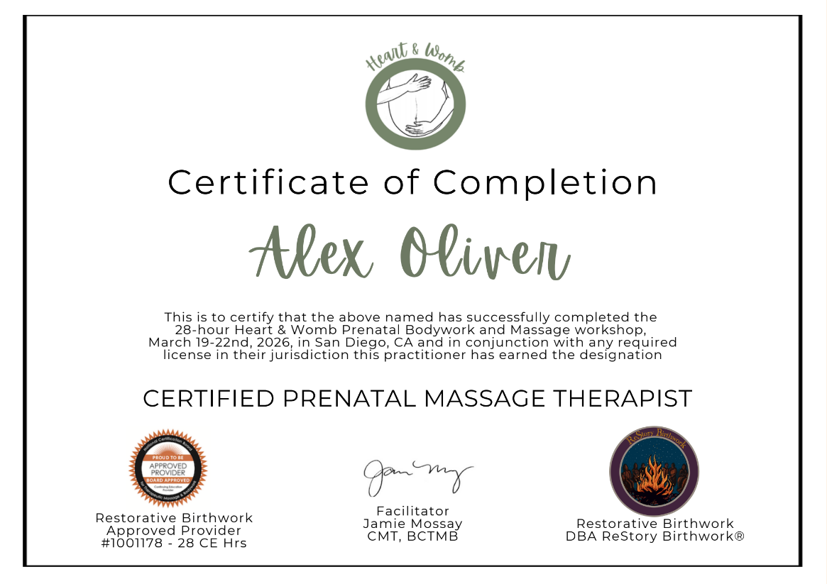 Certificate of completion awarded to Alex Oliver for a prenatal massage workshop, with logos and signatures.