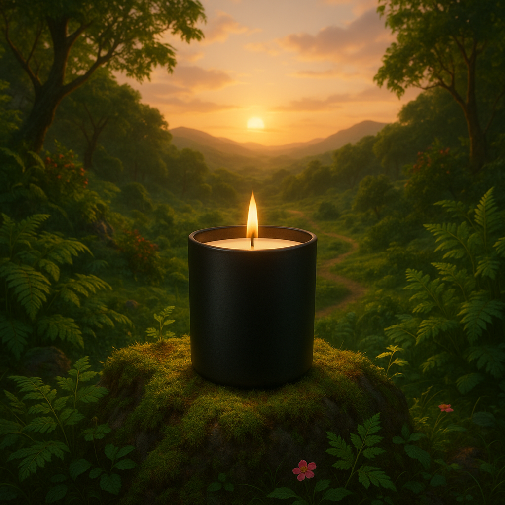 A black candle with a lit flame on a moss-covered rock in a lush green forest during sunset.