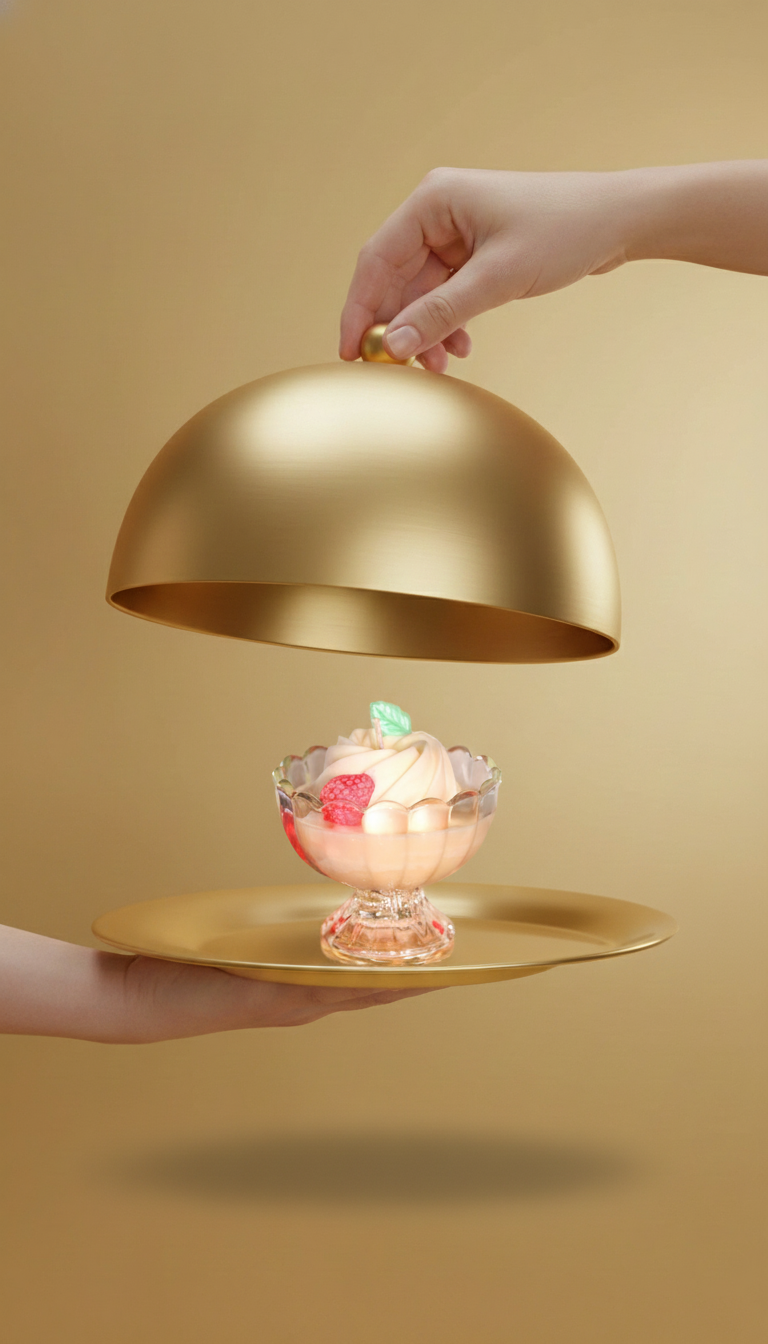 Curious Confections Strawberry Cheesecake candle revealed beneath a gold cloche, featuring sweet strawberry, vanilla cream, and bakery-inspired fragrance notes.