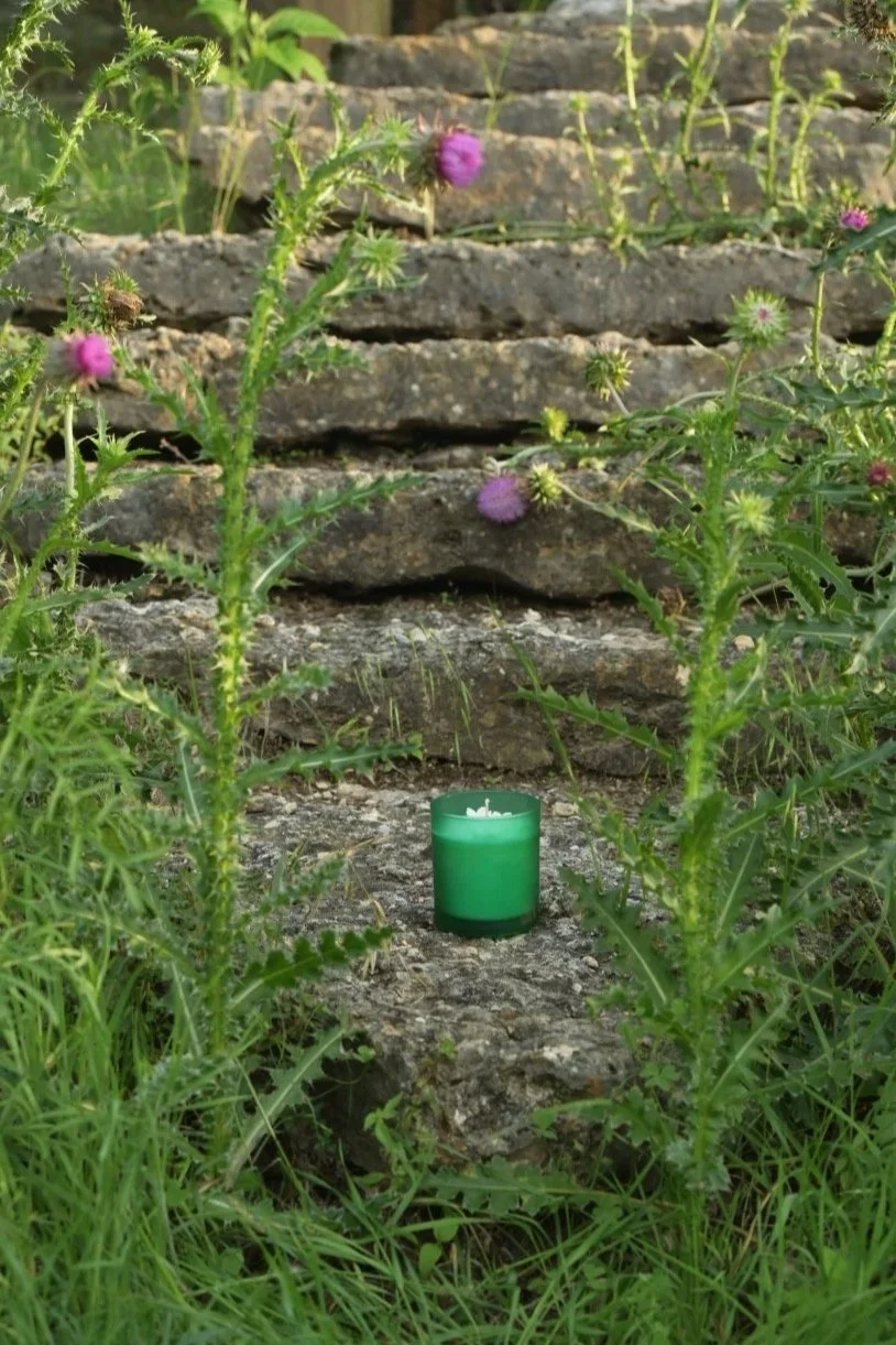 Ignis Knosis artisan candle surrounded by nature, symbolizing the connection between flame, transformation, and the natural world.
