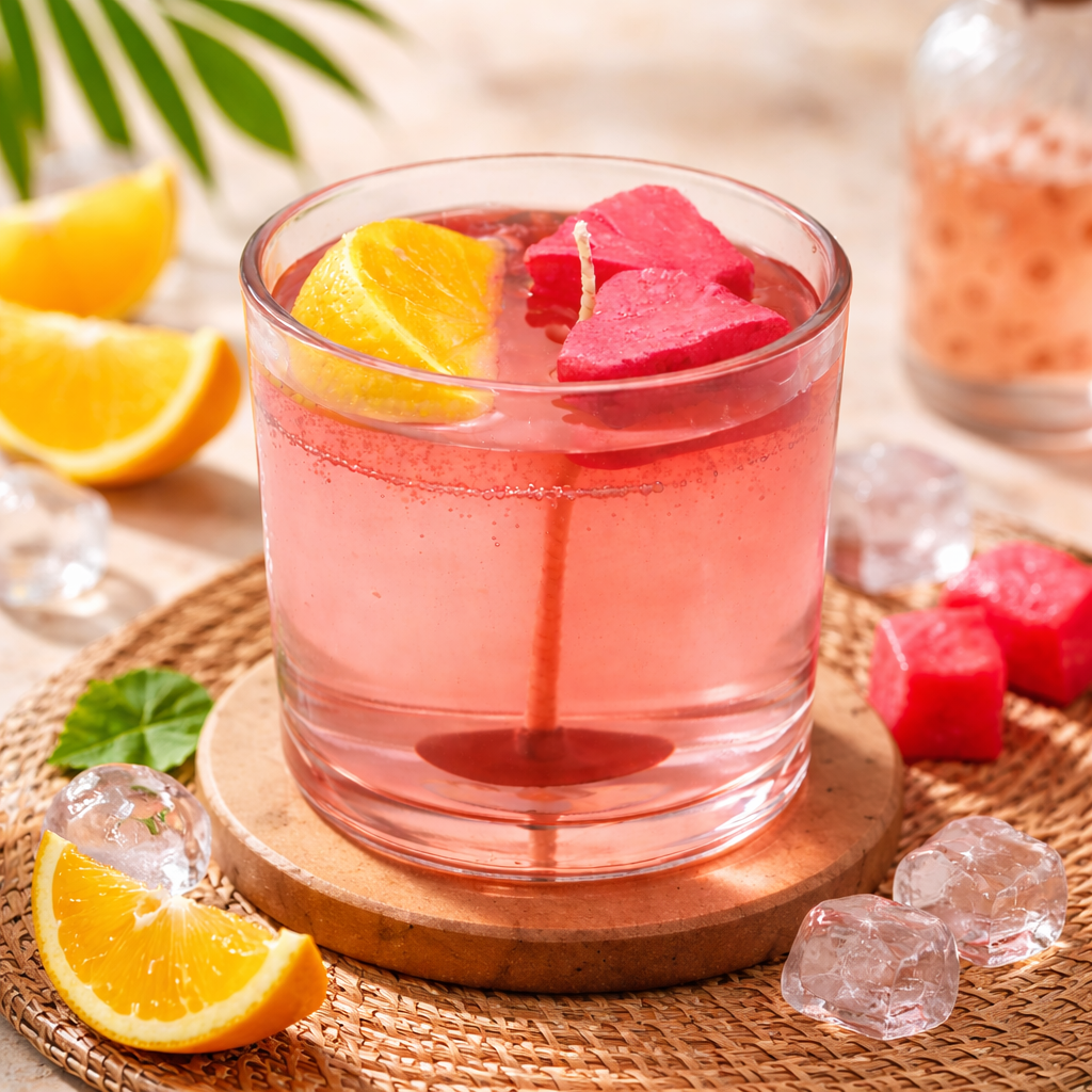 Lifestyle image inspired by the Curious Confections Pink Watermelon Lemonade candle featuring vibrant citrus and refreshing summer fragrance notes.