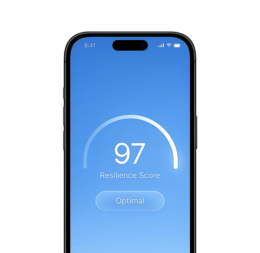 iPhone screen showing a resilience score of 97 with an optimal rating on a blue background.