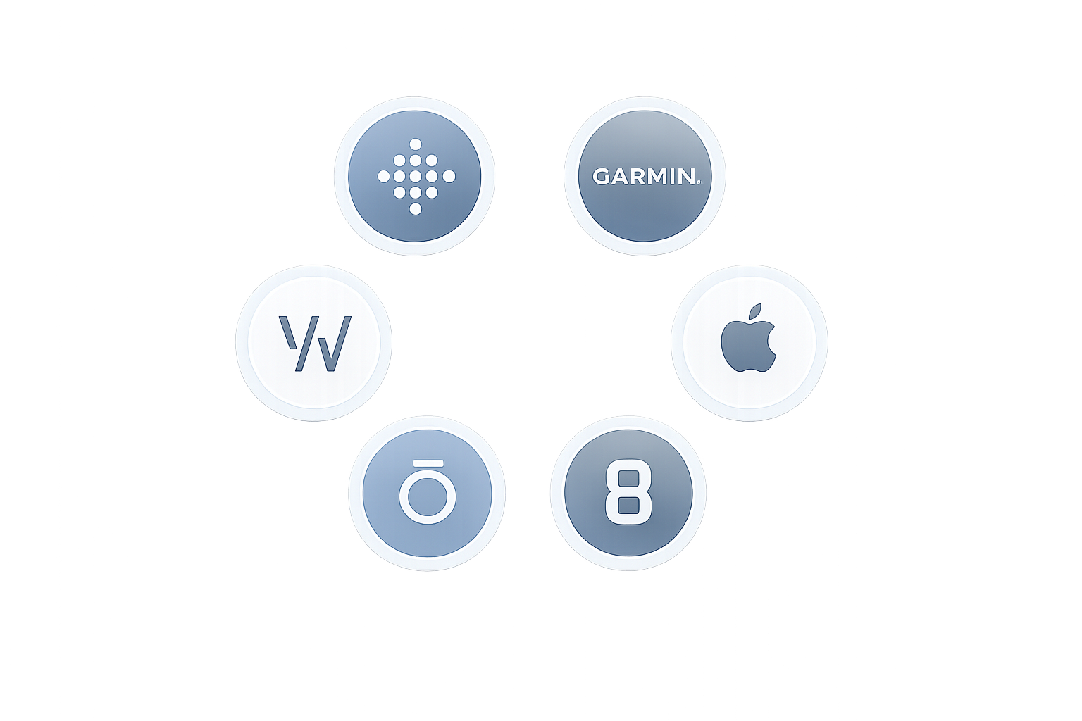 Close-up of a digital device displaying five circular icons with logos of Garmin, Apple, Voyage, and two others, arranged in a grid.