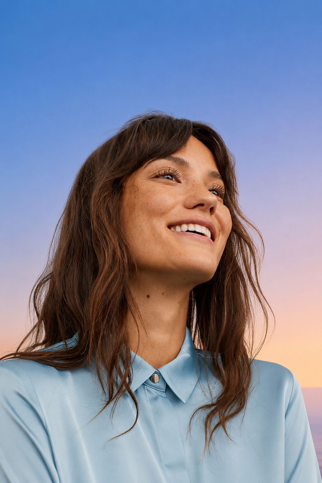 A woman with brown hair and freckles smiling against a sunset sky.