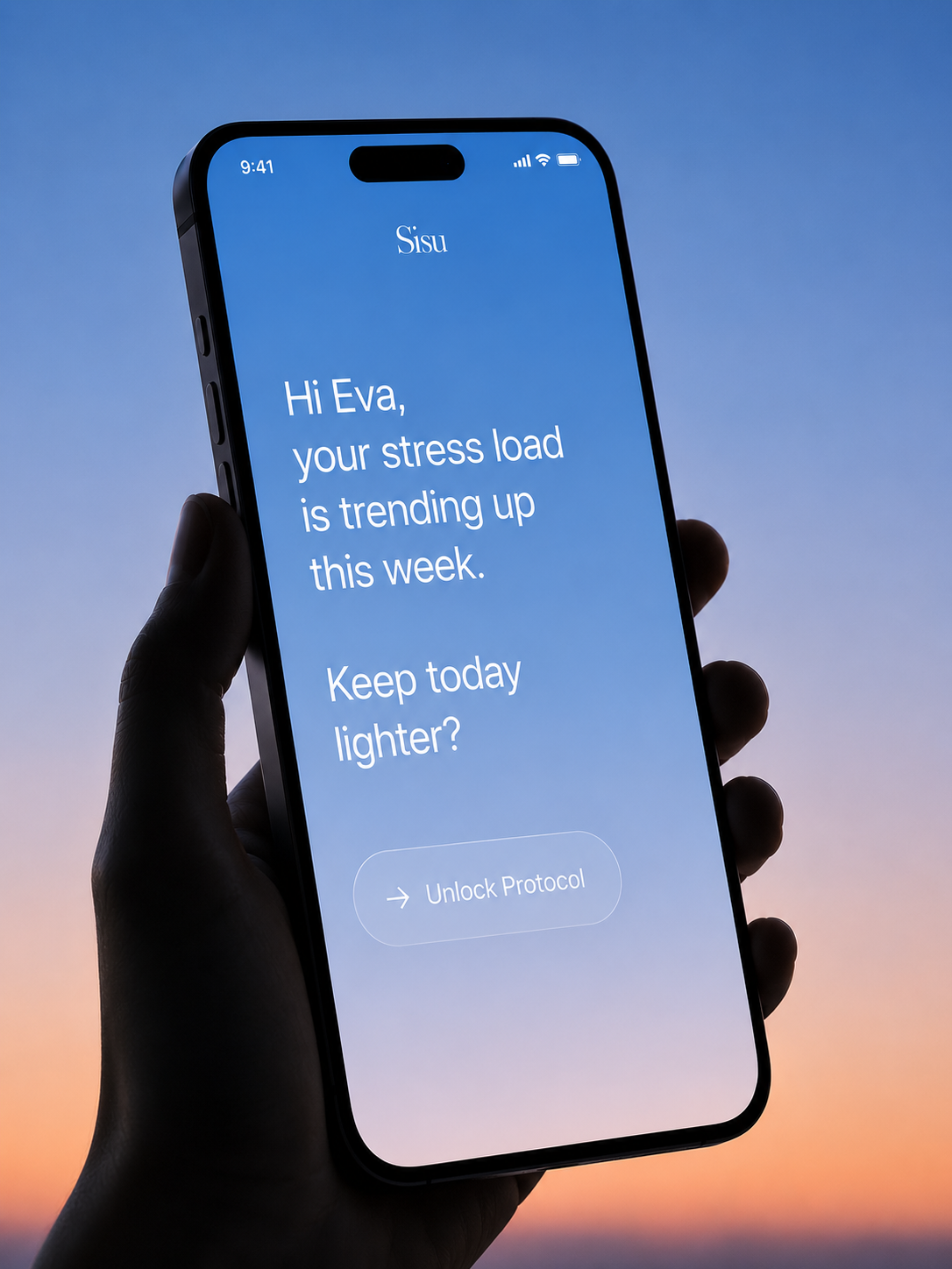 A hand holding a smartphone displaying a mental health app with a message about stress load trending up this week, against a sunset sky background.