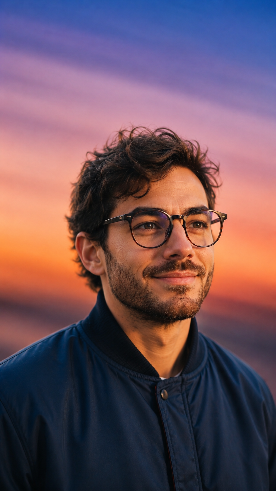A young man with curly brown hair, glasses, and a beard, smiling while looking into the distance, with a colorful sunset sky in the background.
