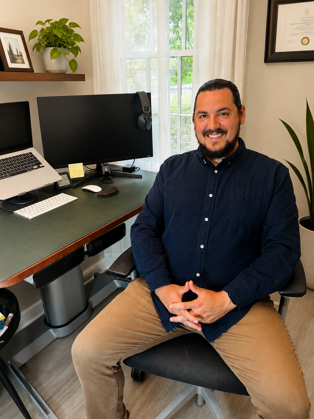A man sitting at a desk in a home office, smiling, with a monitor, laptop, and various office items on the desk, and a window with sheer curtains in the background.