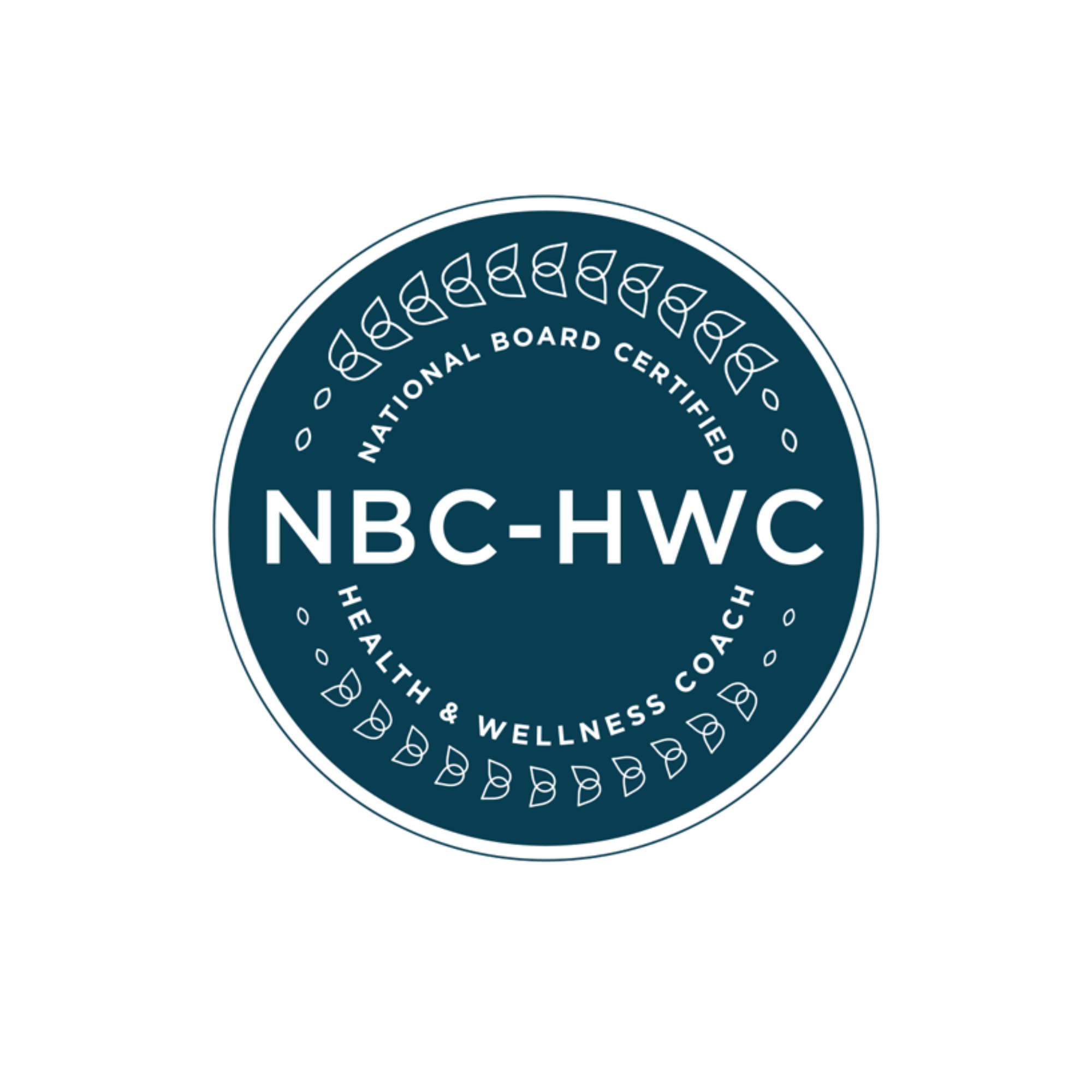 Close-up of a circular badge with text that reads "NBC-HWC" and "National Board Certified Health & Wellness Coach".