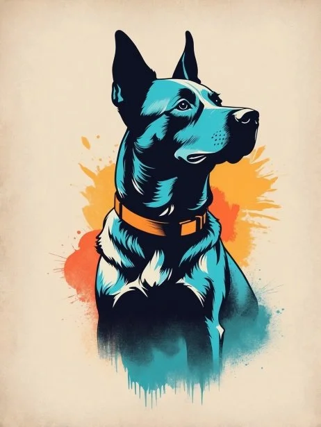Digital artwork of a German Shepherd dog with a futuristic style, set against an orange and yellow splash background.