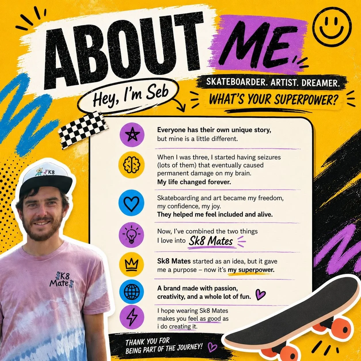 Everyone has a story.
This is mine. 💛🛹

Sk8 Mates started from passion, creativity, and finding my superpower through skateboarding and art.

What&rsquo;s your superpower? ⚡️

#SkatewearWithAStory #WhatsYourSuperpower #SkateLife #AdelaideBrand #Sup