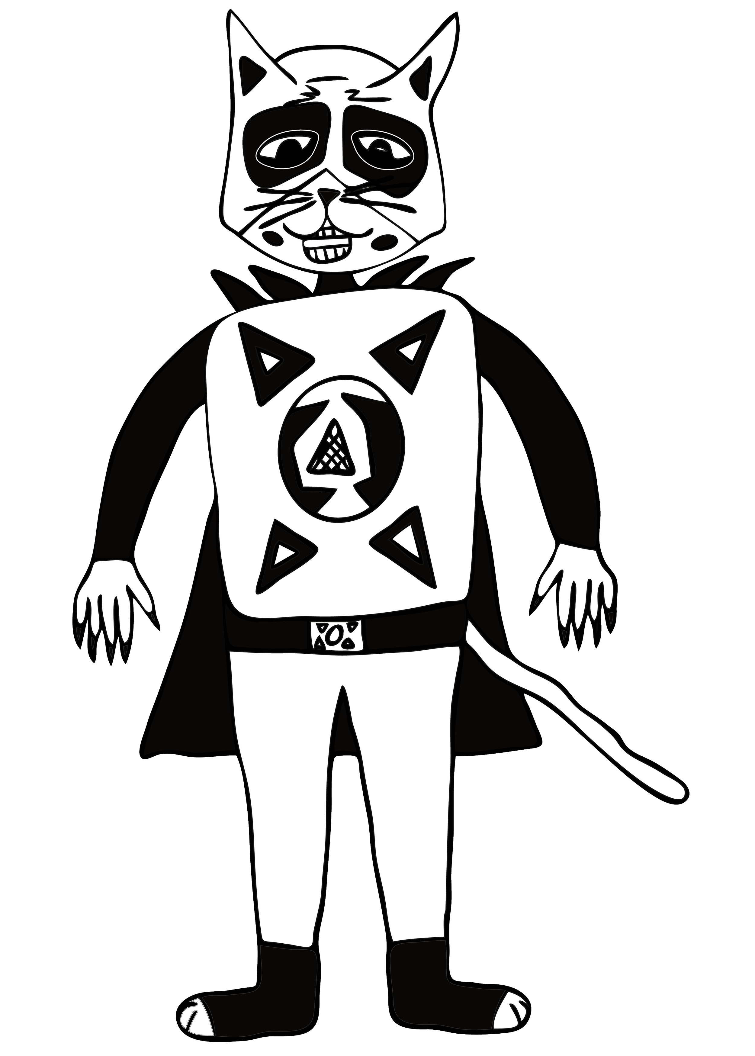 Black and white drawing of a cat dressed as a superhero with a cape and a mask, standing with its arms at its sides.