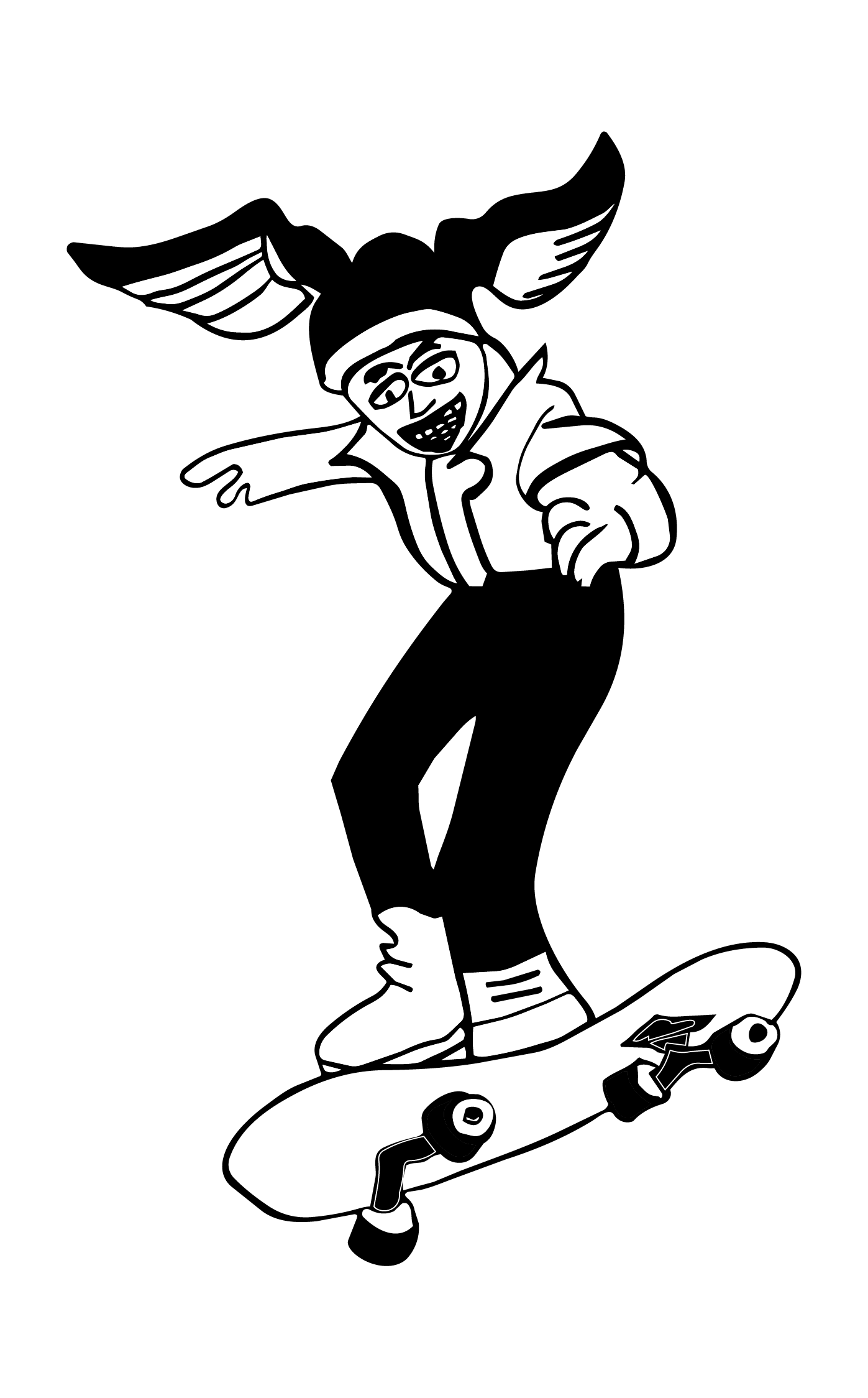 Black and white illustration of a person skateboarding, wearing glasses, with arms extended and a big smile.