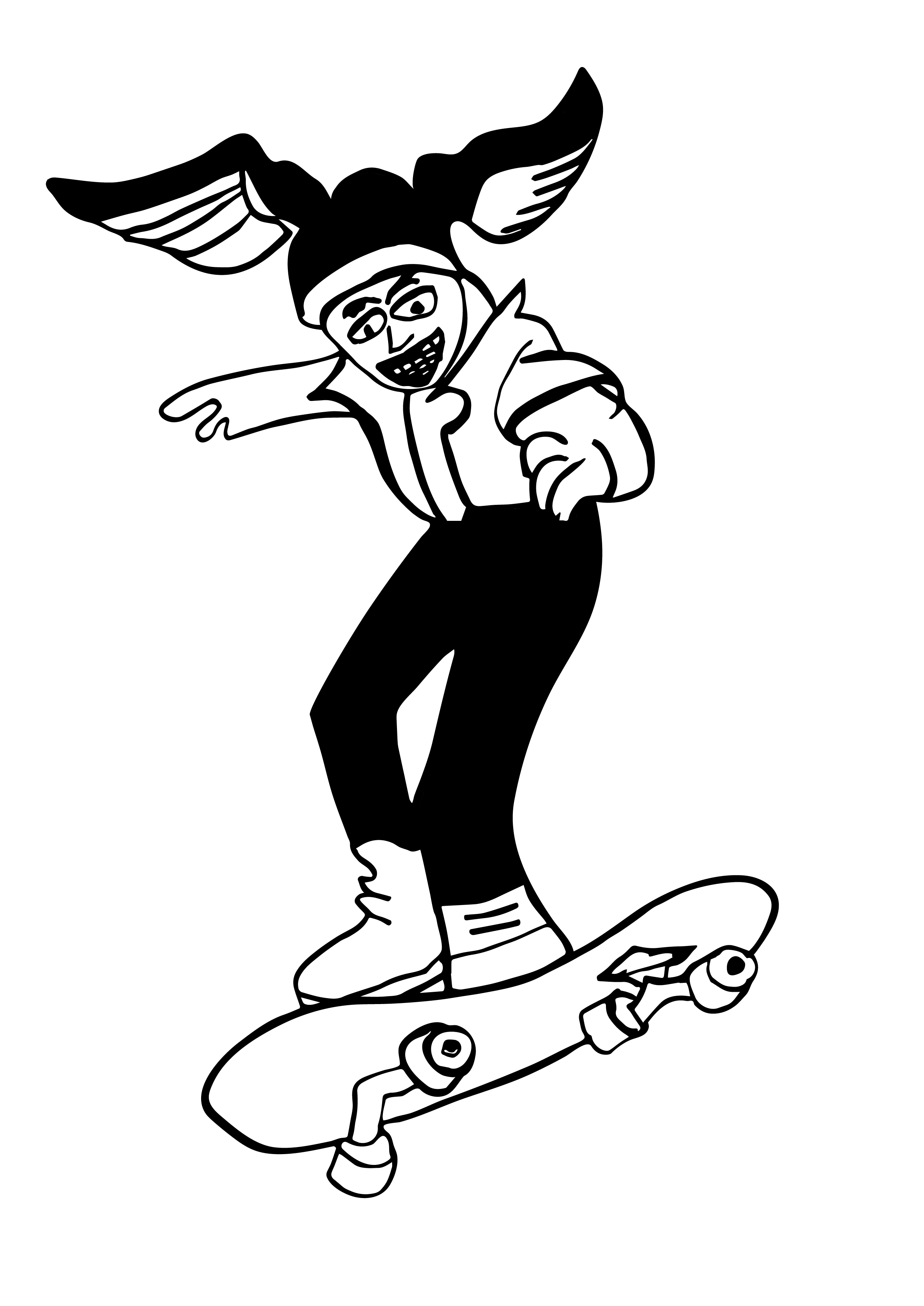 Black and white illustration of a person skateboarding, wearing glasses, with arms extended and a big smile.