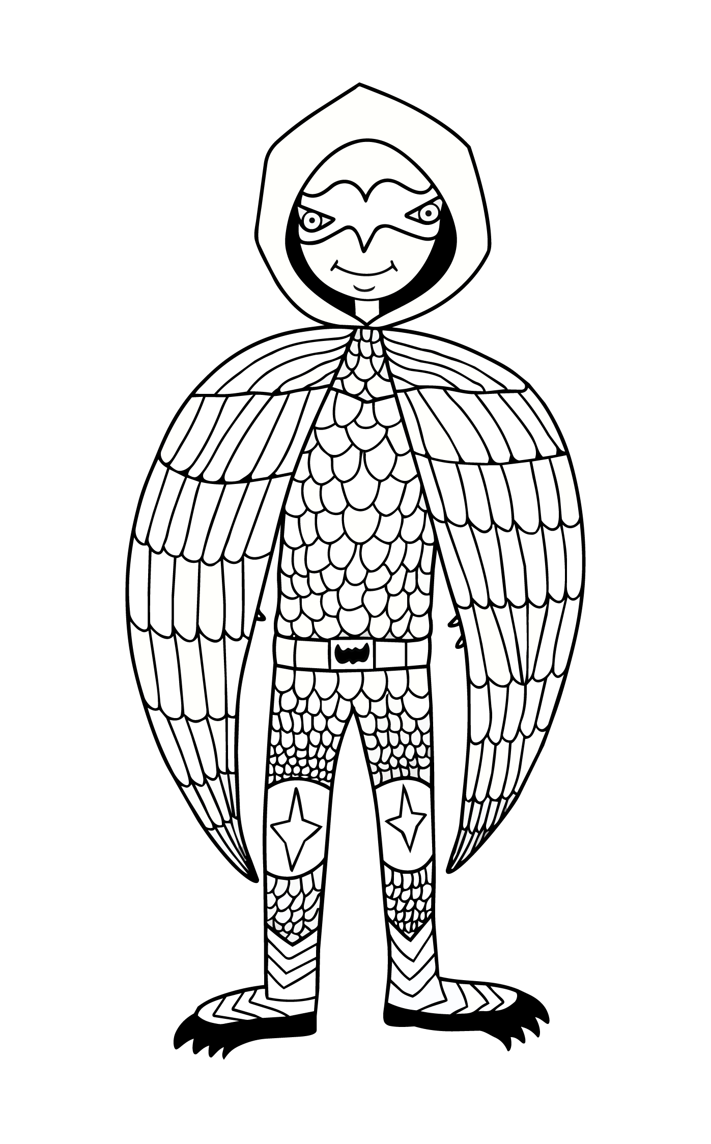 Black and white illustration of an owl character with a beak, wings, feathers, a hoodie, and a belt with a bat symbol, standing on two feet.