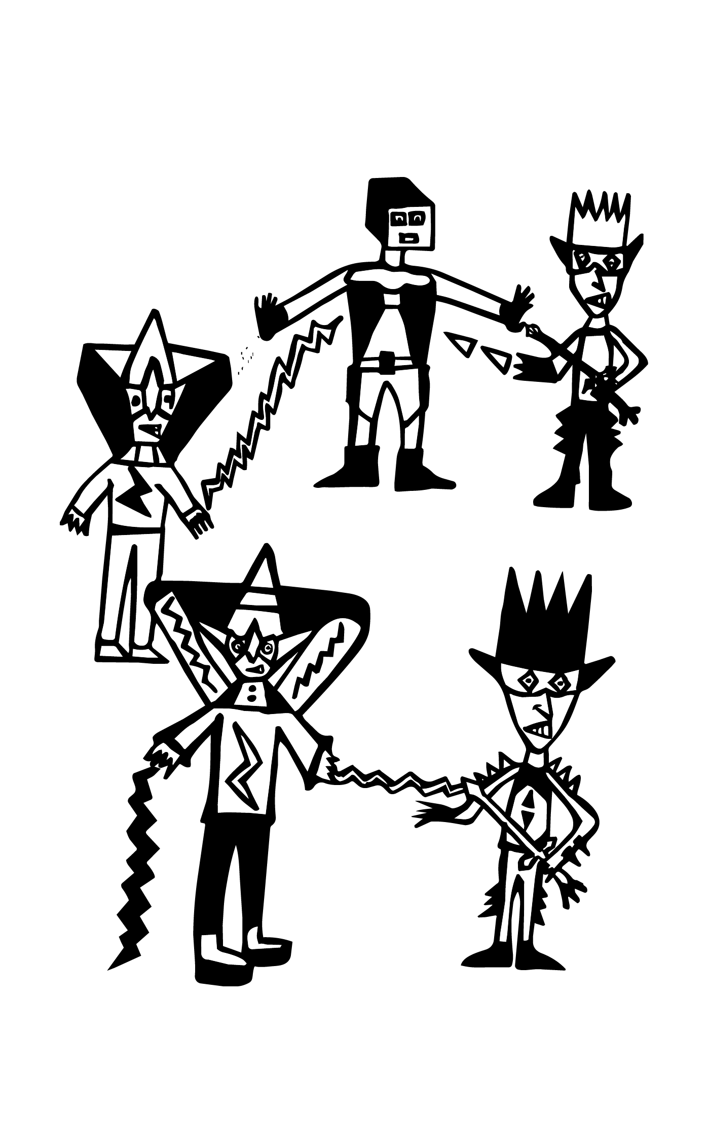 Black and white characters with varied faces and expressions, some with crowns, some with masks testing out their super powers
