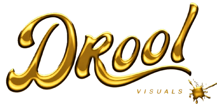 Gold-colored 3D text spelling 'DROOL' with a small paint splatter and the partial words 'Y SUALS' underneath.