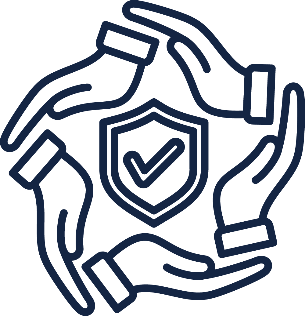 Outline icon of four hands encircling a shield with a checkmark, representing protection or security.