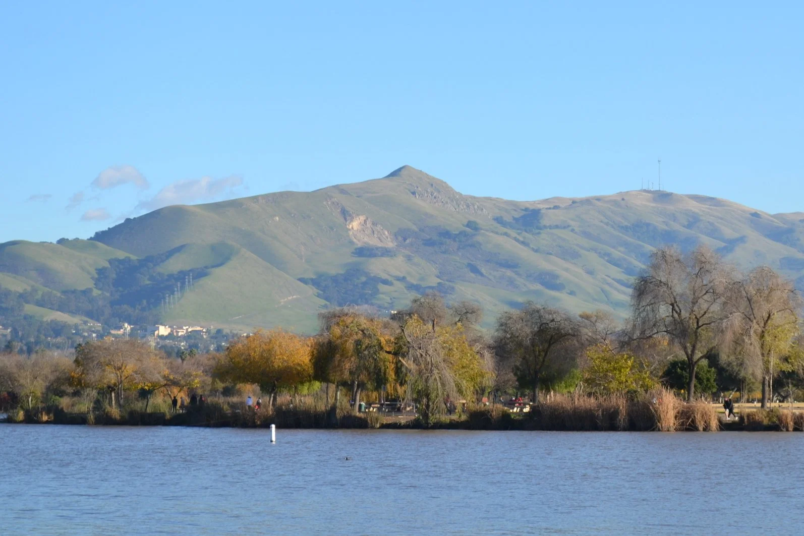 Scenic view of green rolling hills and mountains in the background under a clear blue sky, with a body of water in the foreground lined with trees showing autumn colors and a few people walking.