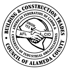 Seal of the Council of Alameda County expressing building and construction trades with two shaking hands, a banner with union names, and surrounding text.